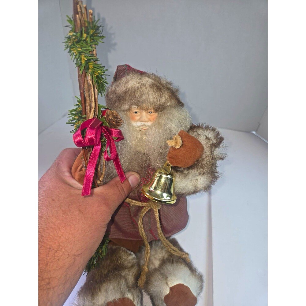 Rustic Santa Claus Fabric & Faux Fur Figurine w/ Bell & Staff Indoor Decor